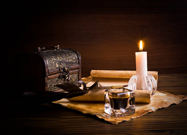 istock feather, old paper and candle on a wooden background 485944589