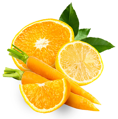 Lemon Carrots and orange, on white background