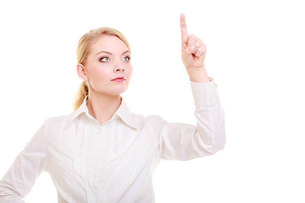 istock Business woman pressing button or pointing isolated 485947479