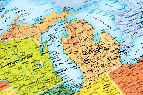 Michigan Map of Michigan State. Selective focus.  michigan stock pictures, royalty-free photos & images