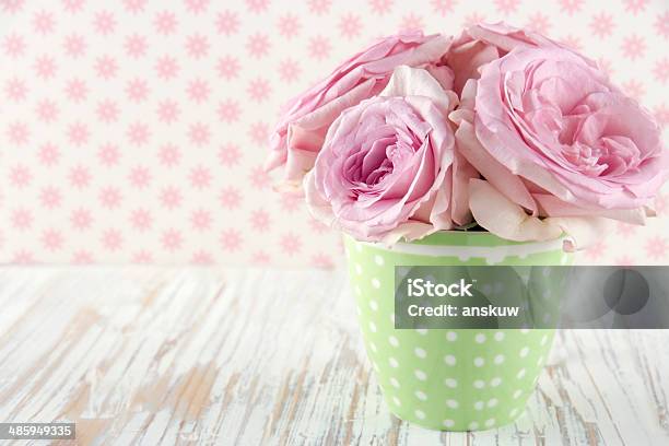 Roses In A Green Polkadot Vase On Vintage Stock Photo - Download Image Now - Antique, Beauty In Nature, Blossom