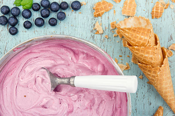 istock Blueberry ice cream on wooden background 485949613