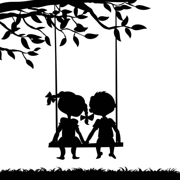 ilustraciones, imágenes clip art, dibujos animados e iconos de stock de siluetas de niño y niña - swing child silhouette swinging