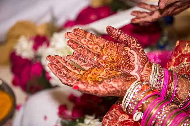 Henna Tattoo or mehendi on an Indian bride's hand. A traditional custom in the Asian world. The bride has henna paste designs or patterns on her hands as decoration and a beauty feature along with the other adornments. Even Muslim women apply henna on the day of Eid and weddings. 