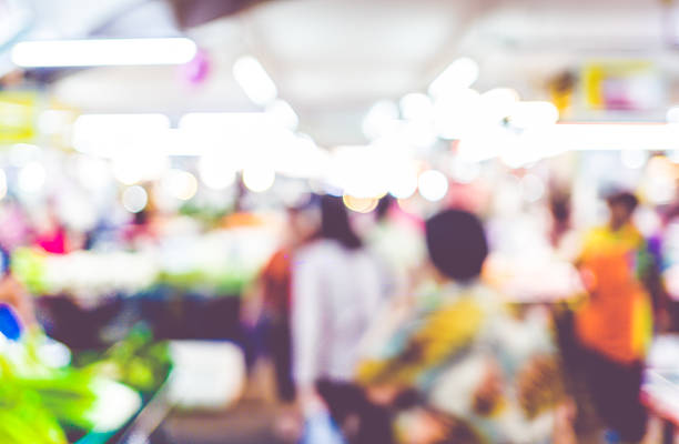 istock Blurred background : people shopping at fresh market fair, blur 485957662