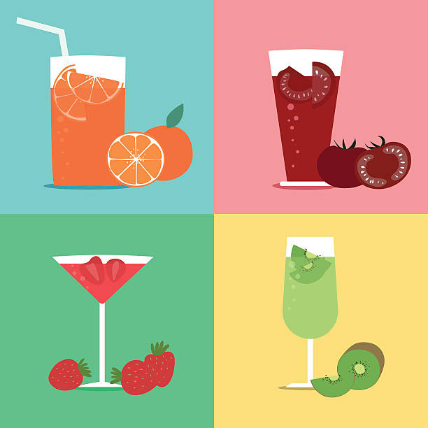 Fresh fruit juices Orange, tomato, strawberry and kiwi juice strawberry crush stock illustrations