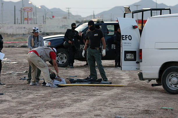 Ciudad Juarez, Mexico, August, 2011 Ciudad Juarez, Mexico - August 10, 2011: Federal police officers prepare to place the body of a murder victim left in an empty lot on the outskirts of town and suspected to have been killed in a drug cartel related incident in a body bag.  Ciudad Juarez was the deadliest city in Mexico at this time due to drug cartel violence. in a body bag. Ciudad Juarez was the deadliest city in Mexico at this time due to drug cartel violence. ciudad juarez photos stock pictures, royalty-free photos & images