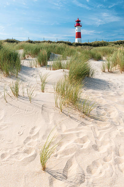 Sand dune and lighthouse on background. stock photo
