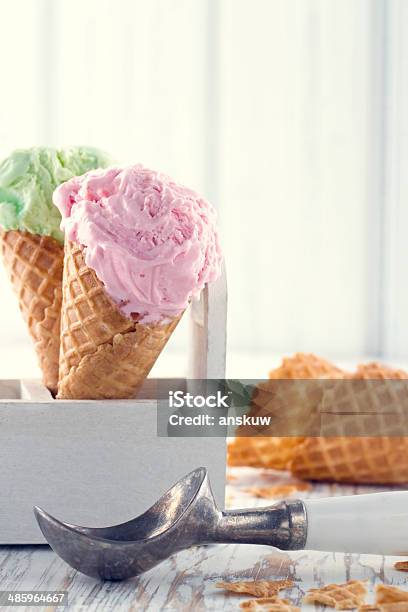 Ice Cream Cones With An Old Metal Scoop Stock Photo - Download Image Now - Backgrounds, Copy Space, Dessert - Sweet Food
