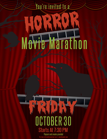 Horror Movie Marathon party invite template. Several layers to make it easier to edit. Includes two layers of stage curtains, elements on another layer. Text on top layer. Would be a great base for a Halloween party as well. Perfect for party games night as well as a scary movie night flyer.