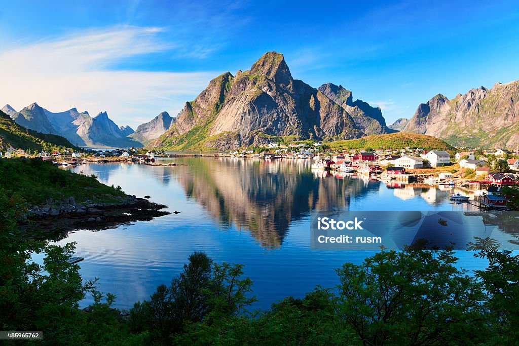 Reine, picturesque Norwegian fishing village in Lofoten Islands Fishing village Reine, Norway Lofoten Stock Photo