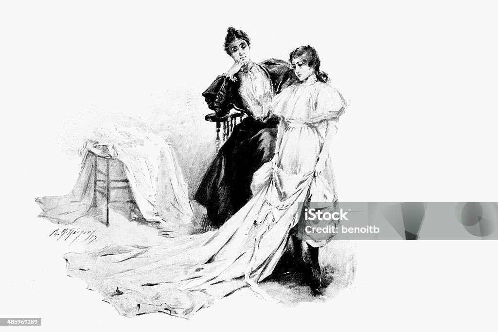Daughter Trying On Dresses 19th Century Style stock illustration