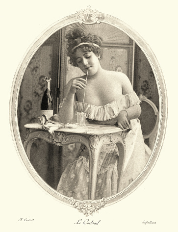 Vintage photogravure engraving of a young french woman drinking cocktail through a straw. Les Saisons: Le Panorama 1890