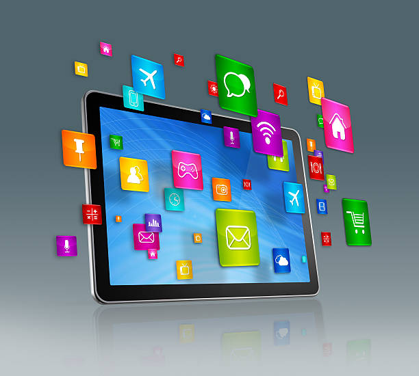 istock Digital Tablet and flying apps icons 485970244