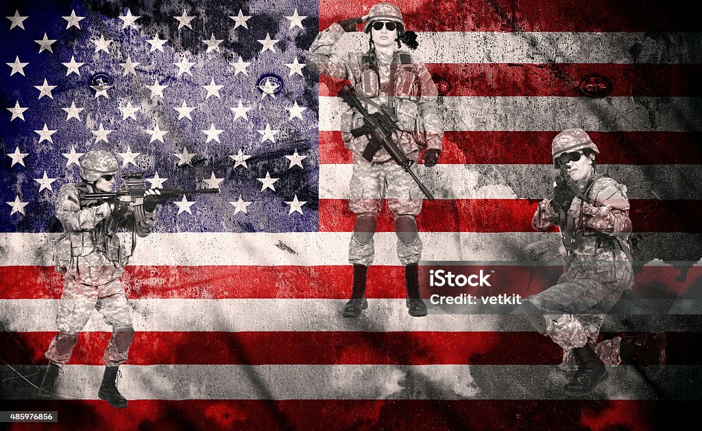 soldiers with rifle soldiers with rifle on a usa flag background, double exposure 2015 Stock Photo