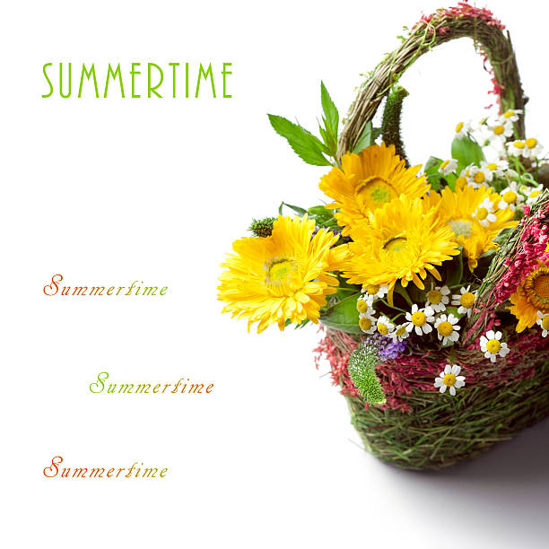 istock Basket of colorful summer flowers, with space for text 485979415