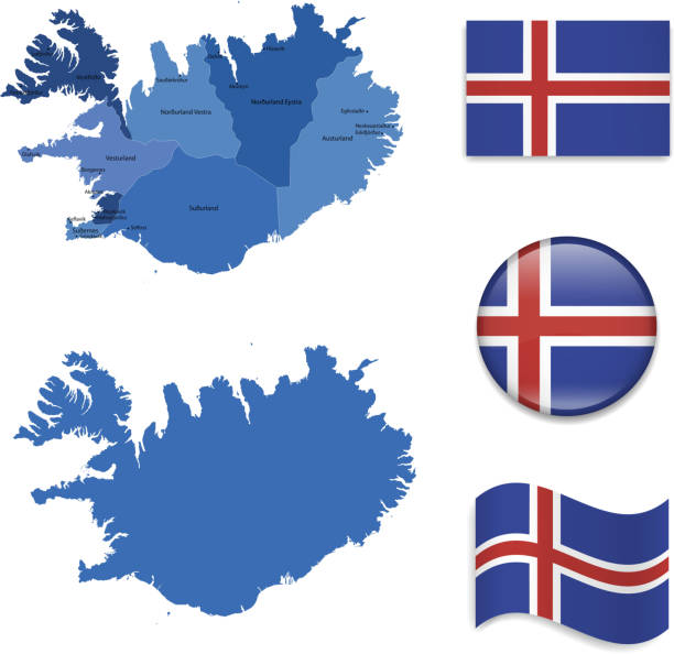 ilustraciones, imágenes clip art, dibujos animados e iconos de stock de islandia mapa y banderas colección - hofsjokull