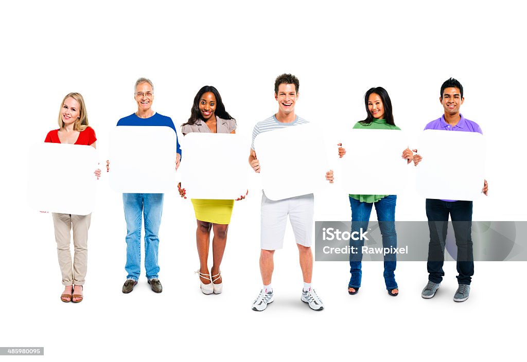 Multi-Ethnic Group Of People Holding 6 Empty Placards Holding Stock Photo