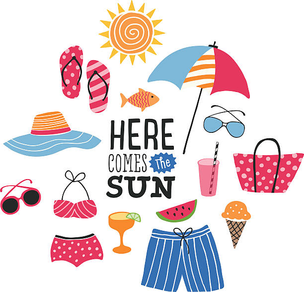sommer-illustration mit symbole - badelatschen stock-grafiken, -clipart, -cartoons und -symbole