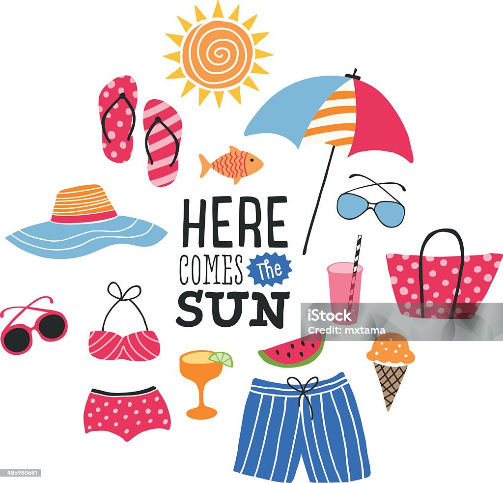 Summer Illustration with Icons Summer illustration . EPS10 file contains transparencies.  AI10 file and hi res jpeg included, global colors used. Scroll down to see more of my illustrations linked below. Summer stock vector