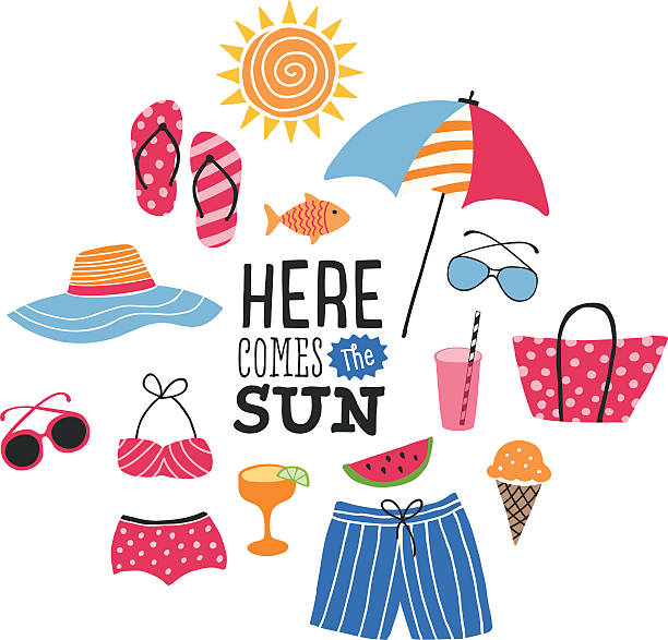 Summer Illustration with Icons Summer illustration . EPS10 file contains transparencies.  AI10 file and hi res jpeg included, global colors used. Scroll down to see more of my illustrations linked below. sun hat stock illustrations