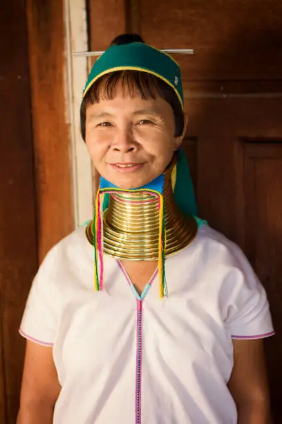 Portrait of a long-neck woman Padaung (Karen) Tribe, Inle Lake, Myanmar (Burma).