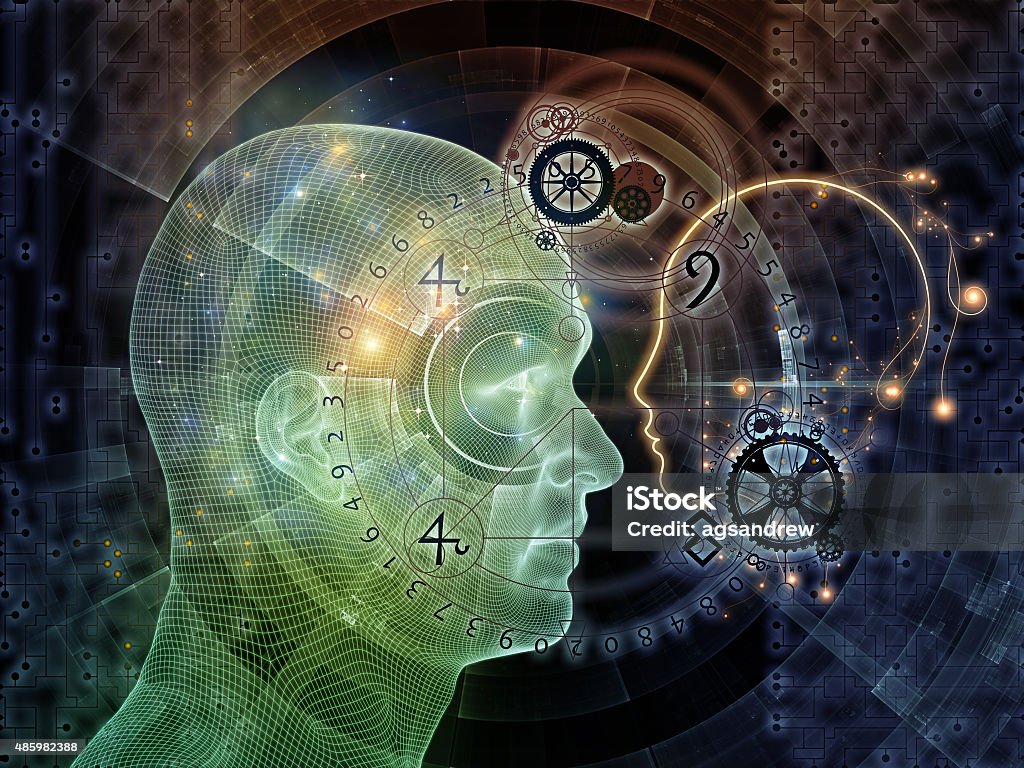 Our Digital Identity Network Avatar series. Composition of human heads, lights and grids on the subject of science, artificial intelligence and technology 2015 Stock Photo