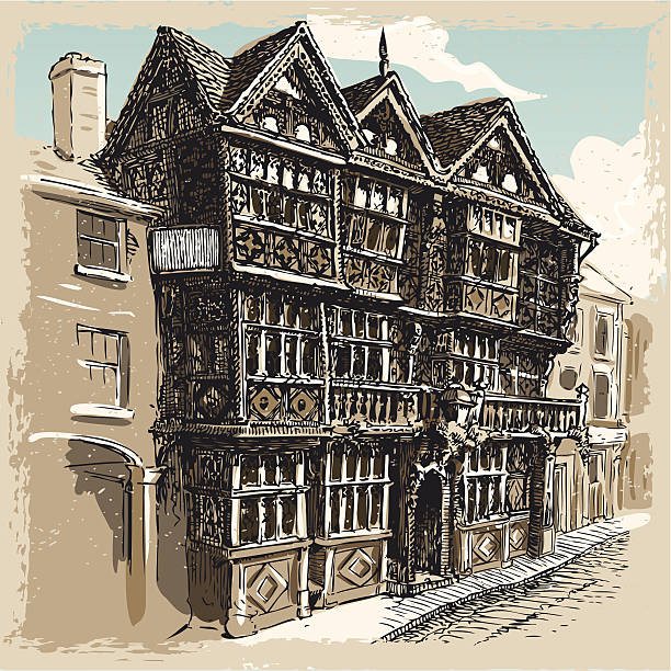 Vintage View of Feathers Hotel at Ludlow in England Detailed Illustration of a Vintage Hand Drawn View of Feathers Hotel at Ludlow in England  This illustration is saved in EPS10 with color space in RGB. ludlow shropshire stock illustrations
