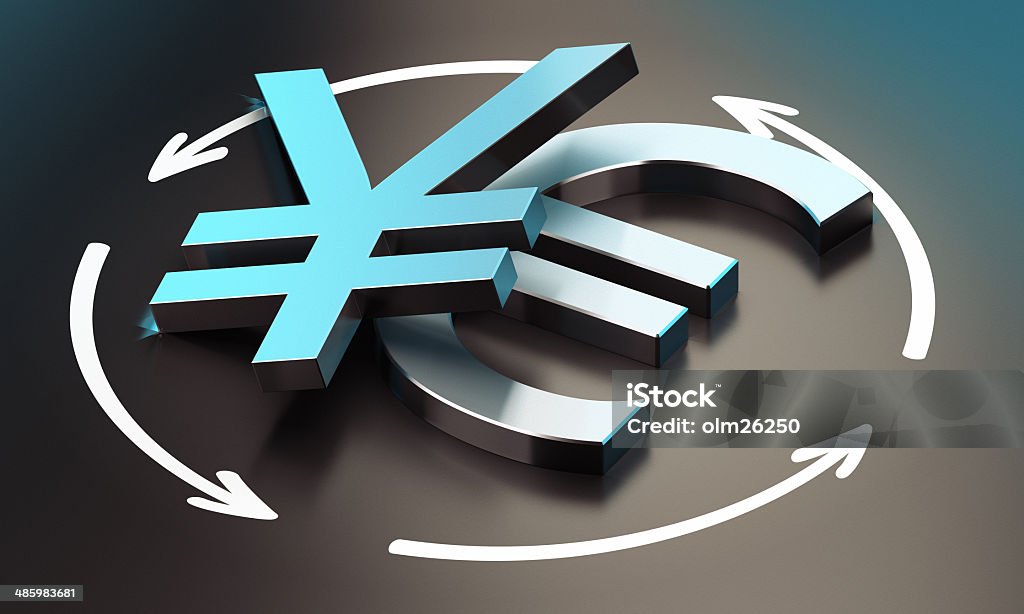 Euro and Yen Symbol. EUR JPY Pair EUR and JPY pair over black background with arrow, symbol of exchange between the two currencies. EUR - Rome Stock Photo