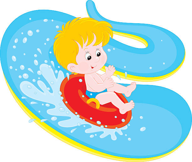 ilustrações, clipart, desenhos animados e ícones de menino em um tobogã aquático - inflatable slide sliding child