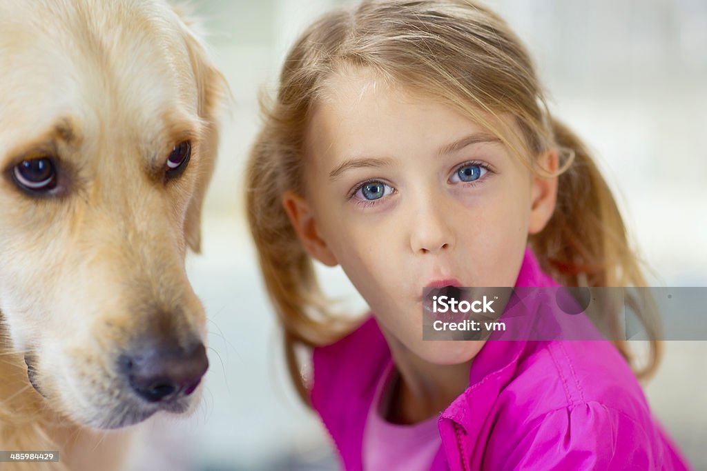 Adorabile bambina con il suo cane guardando la telecamera - Foto stock royalty-free di 6-7 anni