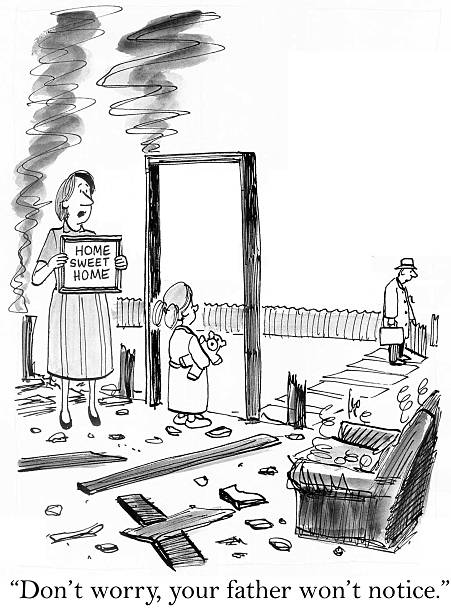 Workaholic father Business cartoon showing a burned house.  Daughter is worried, father is walking into the yard, and mother is holding a sign that reads, 'Home sweet home'.  She says to daughter,  "Don't worry, your father won't notice." urgency mother working father stock illustrations