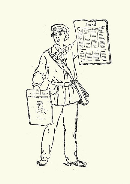 Victorian Newspaper Vendor, 1895 Vintage illustration showing young boy selling newspapers. Le Petit Journal, 1895 newspaper seller stock illustrations