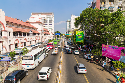 Yangon, Myanmar - Mar 5, 2013: The Sule Boulevard with famous Bogyoke Aung San Market built in 1926 and formerly know as Scott Market. Sule Boulevard are the busiest street in Yangon. This scene viewed on Mar 5, 2013