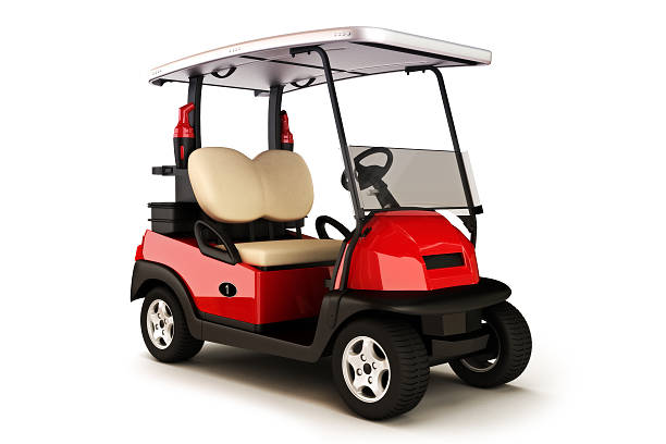 istock Red colored golf cart on a white isolated background 485990824