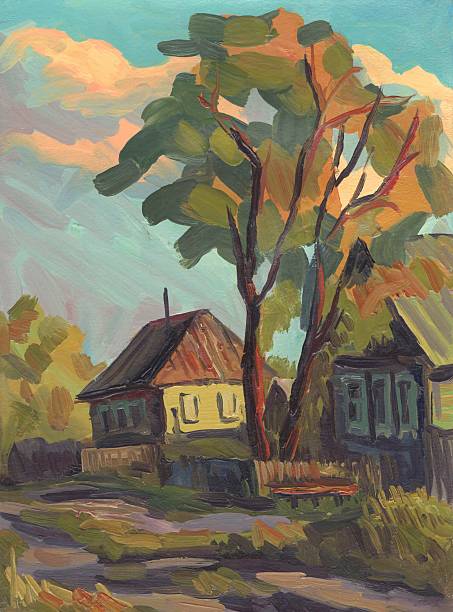 istock Oil painting. Landscape with village homes 485991676