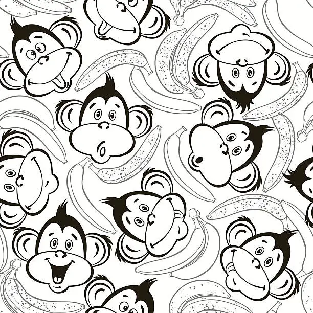 Vector illustration of Seamless pattern with cute faces of monkeys and bananas.