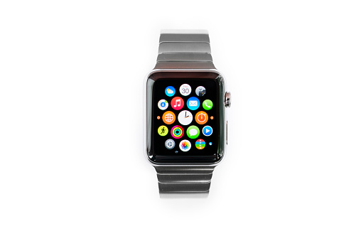 Karlstad, Sweden - July 30, 2015: A 42mm stainless steel Apple Watch with Link Bracelet. The Apple Watch became available April 24, 2015, bringing a new way to receive information at a glance, using apps designed specifically for the wrist.
