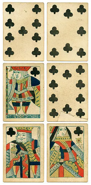 Here are six playing cards in cluding the three court cards in clubs from a pack manufactured by Reynolds & Son of London in about 1850. Note the rather crude clubs symbols. The cards have square corners, and the court / picture cards are 'single standing' – they stand one way up, and are not reflected. There are no indices – no K, Q or J on the King, Queen and Jack, and no numbers on the lower values. The Ace of Spades is printed with 'Duty One Shilling' printed across the top. Playing card duty: In 1694 the (British) Government Stamp Office was created to impose 'duties on vellum, parchment and paper...toward carrying on the war against France'. In 1711 a duty of sixpence per pack was levied on playing cards in Britain, even if imported. The duty, made perpetual in 1717, was abolished on 4 August 1960. The initial duty was increased by sixpence in 1756, and again in 1776, 1789, and 1801, to a total of 2s 6d. In 1828 it was reduced to one shilling, and in 1862 to three pence. (Information from The Encyclopedia of Ephemera).