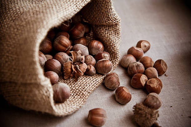 Hazelnuts sack stock photo