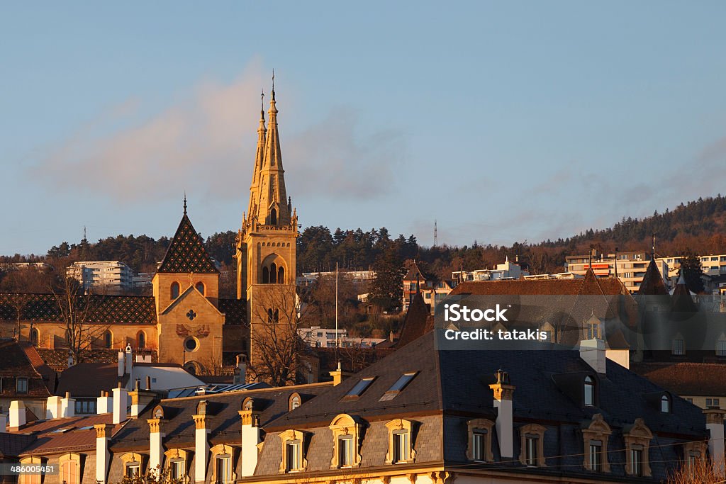 Neuchatel town view - Stock Image Neuchatel town view on quay and lake. Switzerland. Neuchatel Stock Photo