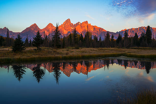 first light イルミネイティング tetons 山脈 - アルペングロー ストックフォトと画像