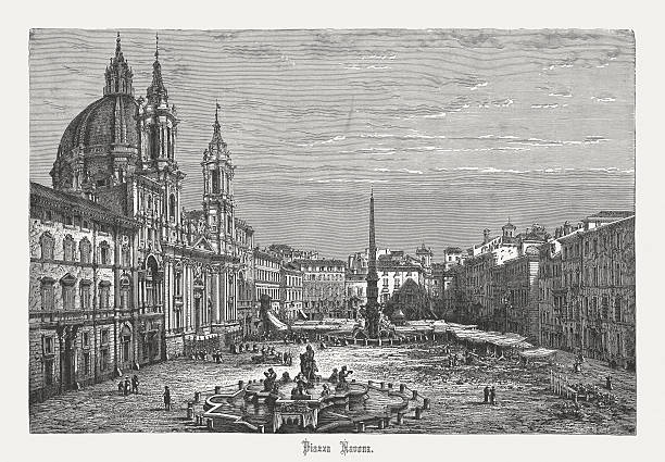 Piazza Navona, Rome, published in 1878 Piazza Navona in Rome, Italy. Wood engraving, published in 1878. fontana del moro stock illustrations