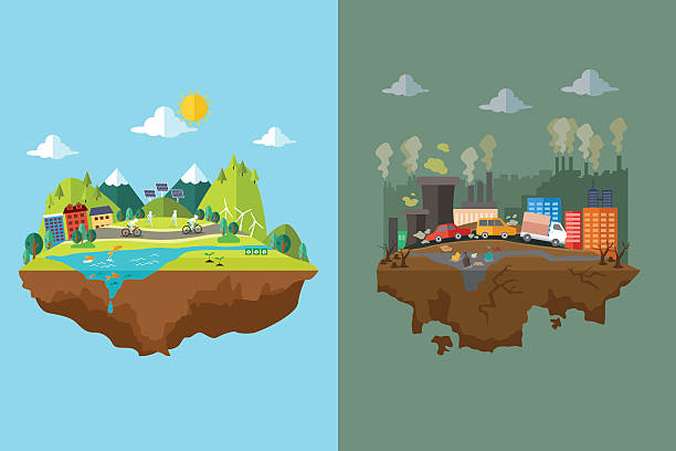 ilustrações de stock, clip art, desenhos animados e ícones de comparação de cidade e cidade poluída limpeza - pollution