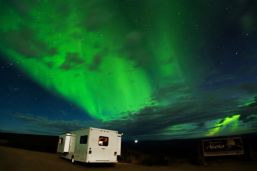 Motor home at Alaska-Yukon with northern lights, Alaska