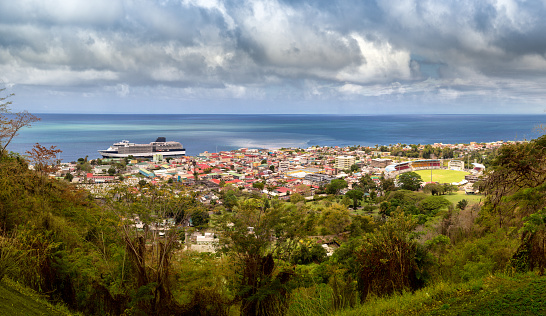 Panoramic image of the City of Roseau in the island of Dominica in the Caribbean.  