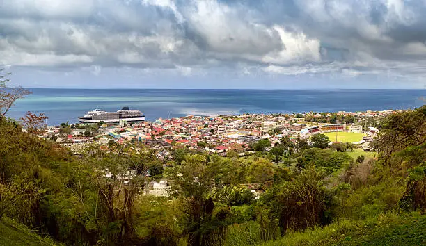 Panoramic image of the City of Roseau in the island of Dominica in the Caribbean.  