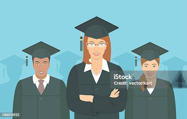 Young People Graduate Bachelor Degree Flat Concept Stock Illustration - Download Image Now - 2015, Achievement, Authority