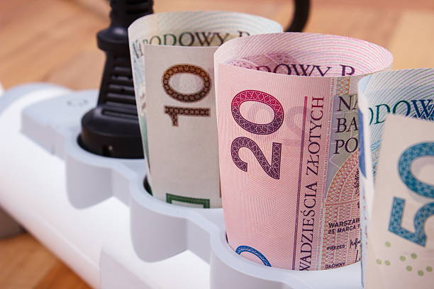 istock Rolls of polish currency in electrical power strip with plug 486018120
