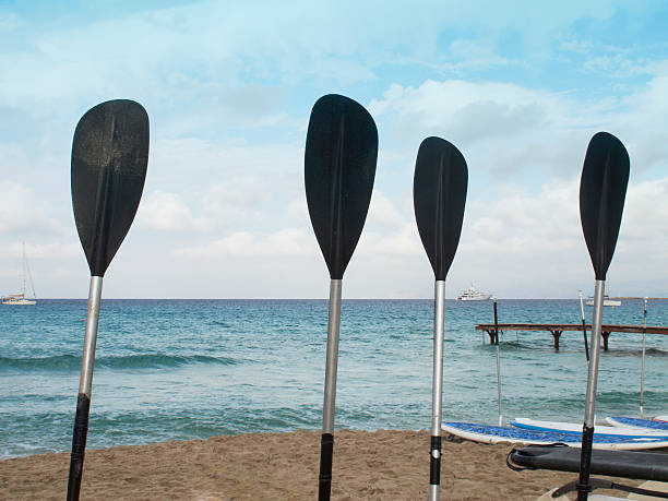 istock Paddles on a beach and blue sky. 486018527